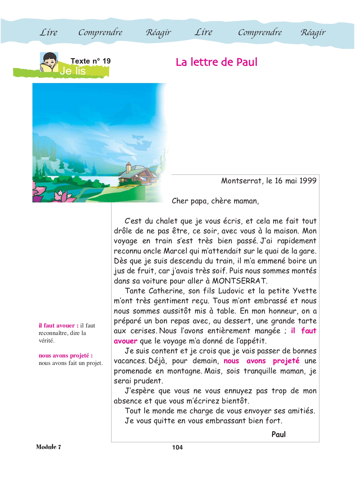 Manuel de français, page 104 : texte « La lettre de Paul », illustration d'un chalet au bord d'un lac à la montagne
